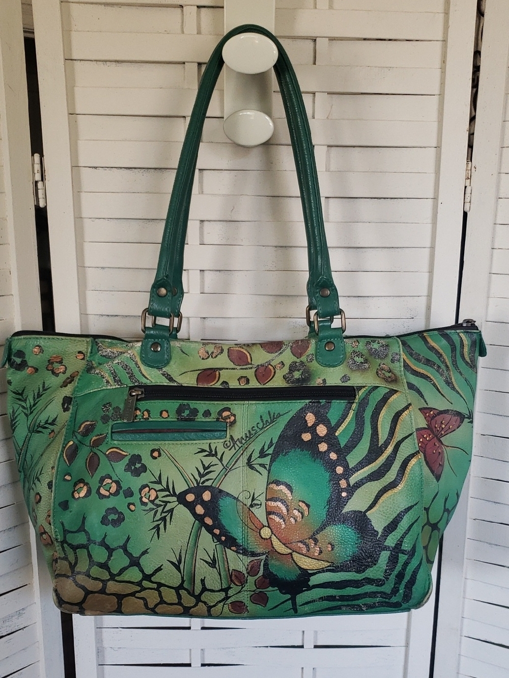 Anuschka Green Butterfly-Print Tote/Shoulder Bag